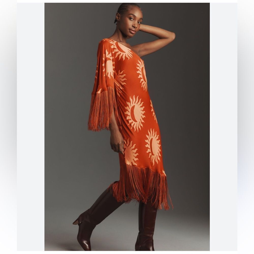 Farm Rio x Anthropologie One-Shoulder A-Line Fringe Mini Dress Medium 🍯